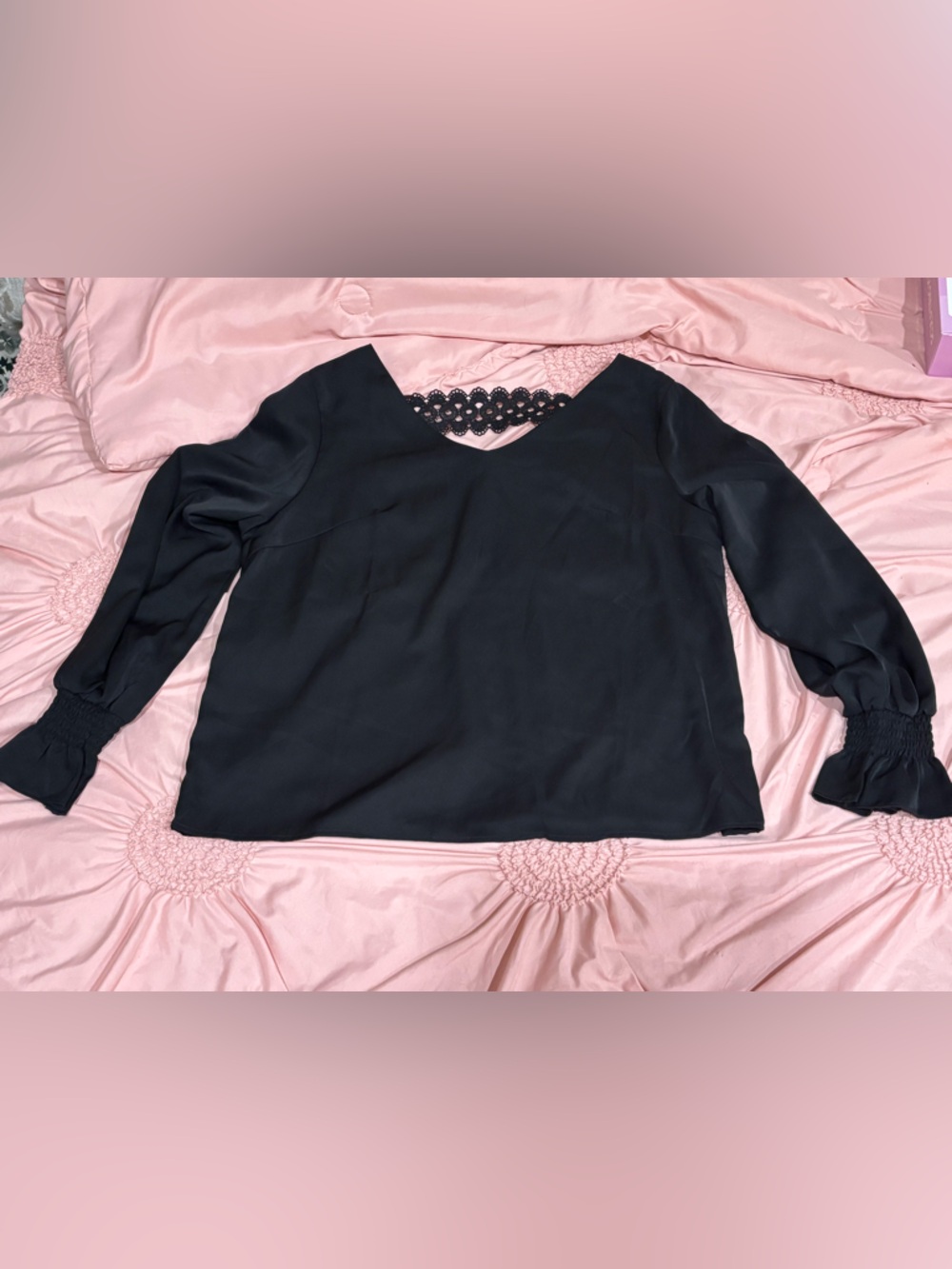 SHEIN Black Long Sleeve V-Neck Lace Back Blouse